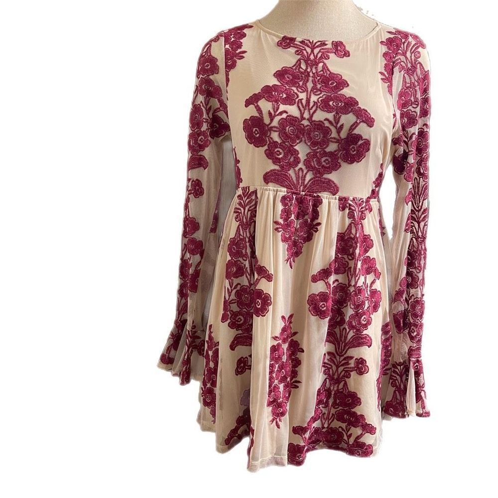 For Love & Lemons Cream Mini Dress with Magenta Floral Embroidery